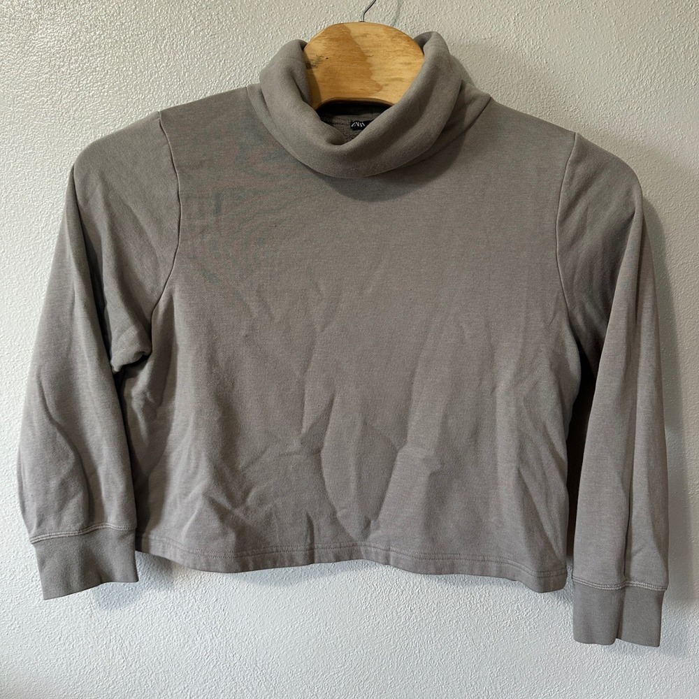 Zara Mock Turtleneck Long Sleeve‎ Cropped Casual Sweater Gray Womens Large